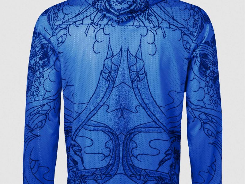Men Hip-Hop Tattoo Perforated Hoodie / Royal Blue / Back