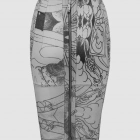 Geisha Tattoo Pencil Skirt / Black And White / Back