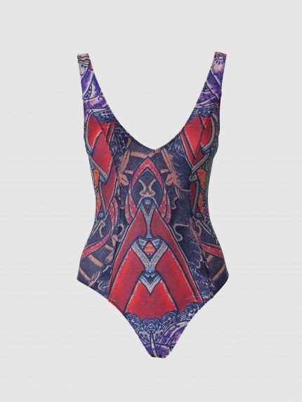 V-neck One Piece Tattoo Swimsuit / Colorful